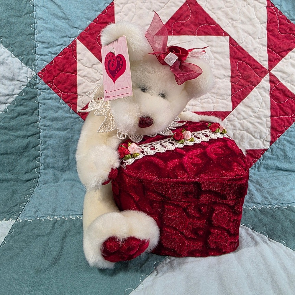 Dan Dee Plush Heart Box Bear White Small Red Lace Roses Valentine Gift